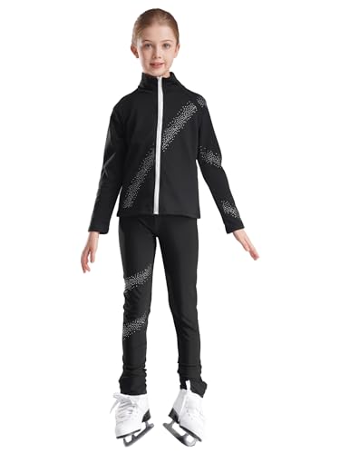 TSSOE Mädchen Eiskunstlauf Trainingsjacken und Hosen Leggings Sets Übungssets Professionelle Warm Trainingsbekleidung Eislauf Outfits Sportbekleidung Schwarz 122-128 von TSSOE