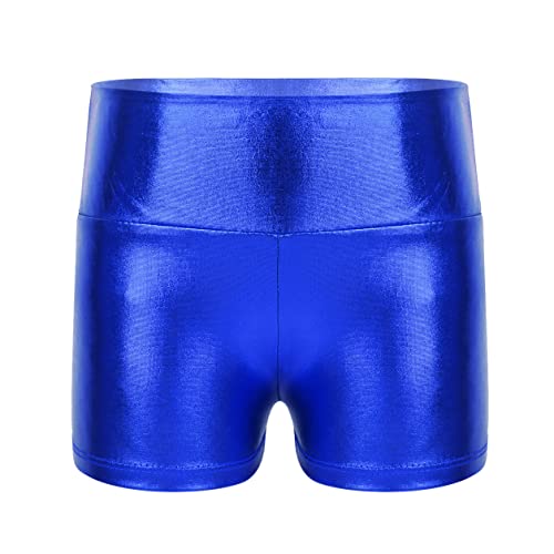 TSSOE Mädchen Glänzend Shorts Metallic Hot Pants Kurz Hose Stretch Sportshorts Training Fitness Gymnastik Turnhose Tanzshorts Leggings Tights Blau 122-128 von TSSOE