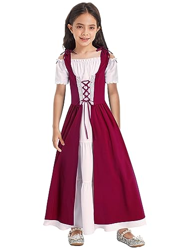 TSSOE Mädchen Langarm/Kurzarm Mittelalter Kleid Renaissance Prinzessin Partykleid mit Schnürung Gothic Retro Kleid Halloween Viktorianischen Königin Cosplay Burgundy C 122-128 von TSSOE