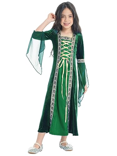 TSSOE Mädchen Langarm/Kurzarm Mittelalter Kleid Renaissance Prinzessin Partykleid mit Schnürung Gothic Retro Kleid Halloween Viktorianischen Königin Cosplay Grün D 134-140 von TSSOE