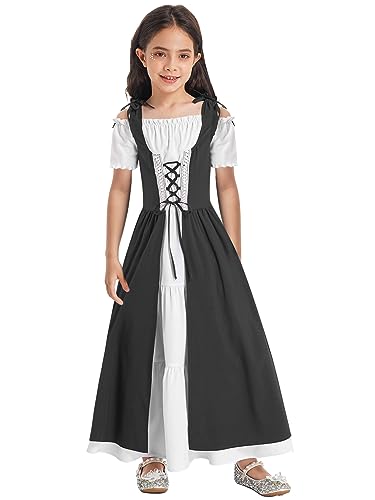 TSSOE Mädchen Langarm/Kurzarm Mittelalter Kleid Renaissance Prinzessin Partykleid mit Schnürung Gothic Retro Kleid Halloween Viktorianischen Königin Cosplay Schwarz C 158-164 von TSSOE