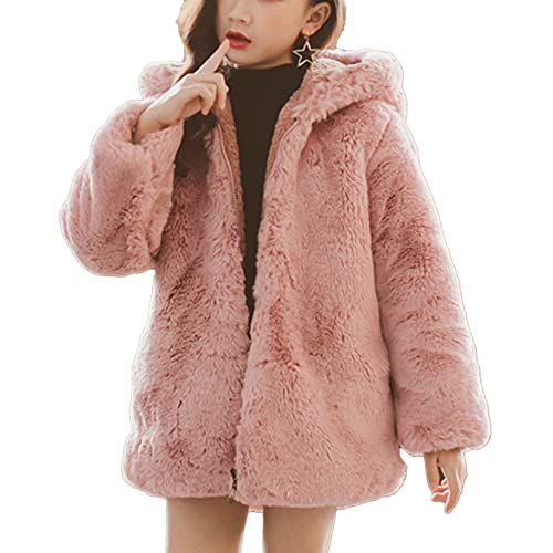 TSSOE Mädchen Mantel Cartoon Winterjacke Kunstpelz Jacke Fellmantel Warm Jacke Kapuzenjacke Übergangsjacke Outwear Herbst Winter Kleidung Rosa 122-128 von TSSOE