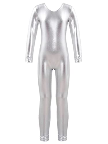 TSSOE Mädchen Metallic Ballettanzug Gymnastikanzug Langarm Turnanzug Kinder Glänzend Ballett Tanz Trikot Leotard Overall Ganzkörperanzug Silber 140 von TSSOE