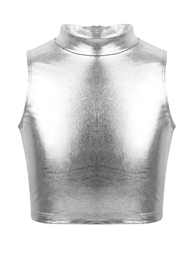 TSSOE Mädchen Metallic Crop Top Bauchfrei Oberteile Glitzer T-Shirt Gymnastikanzug Tanz Top Hip-Hop Jazz Tanzbekleidung Silber 134-140 von TSSOE