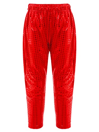 TSSOE Mädchen Pailletten Hose Metallic Leggings Kinder Haremshose Pluderhosen Jogginghose Hip-Hop Tanzhose Rot 146-152 von TSSOE