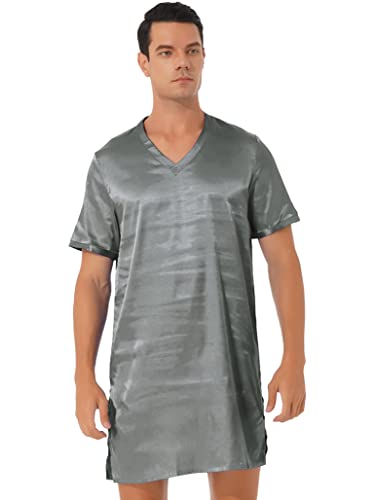 TSSOE Nachthemd Herren Kurz Schlafanzug Satin Nachtwäsche Kurzarm Einteiliger Schlafshirt V-Ausschnitt Schlafkleid Nachthemden Sommer Sleepshirt Grau XXL von TSSOE