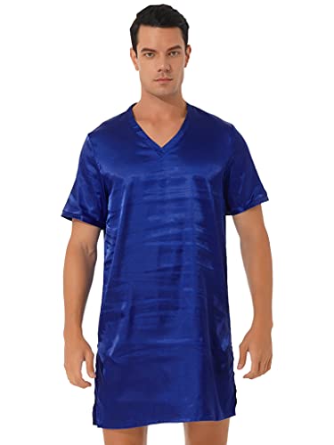 TSSOE Nachthemd Herren Kurz Schlafanzug Satin Nachtwäsche Kurzarm Einteiliger Schlafshirt V-Ausschnitt Schlafkleid Nachthemden Sommer Sleepshirt Königsblau L von TSSOE