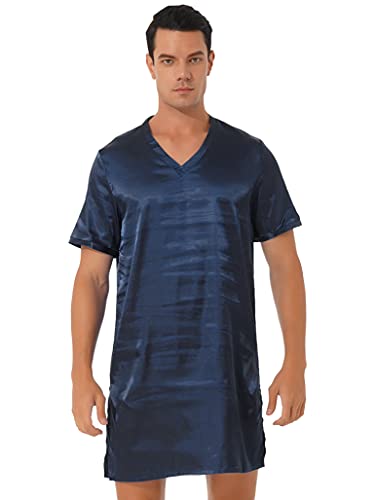 TSSOE Nachthemd Herren Kurz Schlafanzug Satin Nachtwäsche Kurzarm Einteiliger Schlafshirt V-Ausschnitt Schlafkleid Nachthemden Sommer Sleepshirt Navy Blau XXL von TSSOE