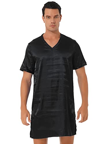 TSSOE Nachthemd Herren Kurz Schlafanzug Satin Nachtwäsche Kurzarm Einteiliger Schlafshirt V-Ausschnitt Schlafkleid Nachthemden Sommer Sleepshirt Schwarz L von TSSOE