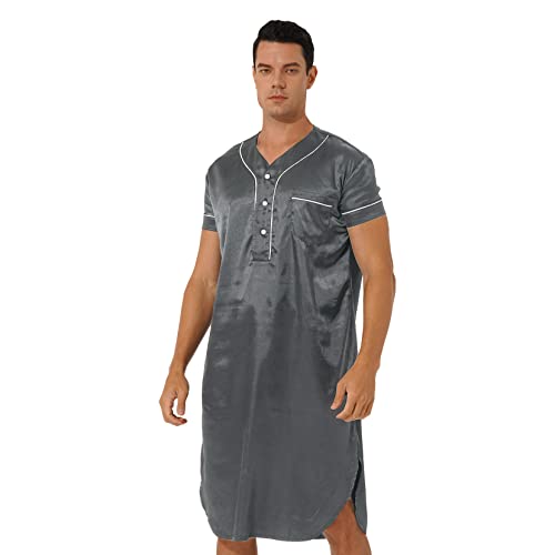 TSSOE Nachthemd Herren Kurz Schlafanzug Satin Nachtwäsche Kurzarm Einteiliger Schlafshirt V-Ausschnitt Schlafkleid Nachthemden Sommer Sleepshirt C Grau XL von TSSOE