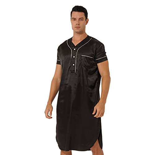 TSSOE Nachthemd Herren Kurz Schlafanzug Satin Nachtwäsche Kurzarm Einteiliger Schlafshirt V-Ausschnitt Schlafkleid Nachthemden Sommer Sleepshirt C Schwarz XXL von TSSOE