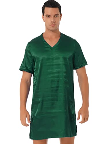 TSSOE Nachthemd Herren Kurz Schlafanzug Satin Nachtwäsche Kurzarm Einteiliger Schlafshirt V-Ausschnitt Schlafkleid Nachthemden Sommer Sleepshirt Dunkelgrün M von TSSOE