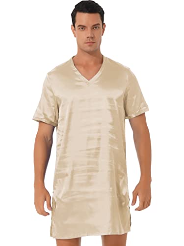 TSSOE Nachthemd Herren Kurz Schlafanzug Satin Nachtwäsche Kurzarm Einteiliger Schlafshirt V-Ausschnitt Schlafkleid Nachthemden Sommer Sleepshirt Helle Aprikose 3XL von TSSOE