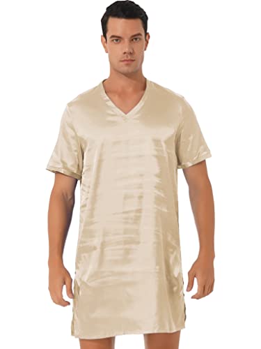 TSSOE Nachthemd Herren Kurz Schlafanzug Satin Nachtwäsche Kurzarm Einteiliger Schlafshirt V-Ausschnitt Schlafkleid Nachthemden Sommer Sleepshirt Helle Aprikose L von TSSOE