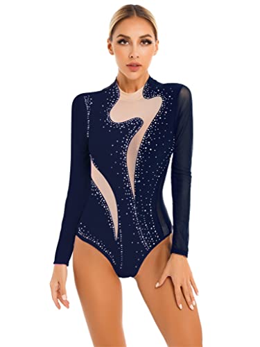 TSSOE Turnanzug Gymnastikanzug Damen Langarm Gymnastikbody mit Strass Ballett Tanz Trikot Fitness Training Tanzkleidung Navy Blau L von TSSOE