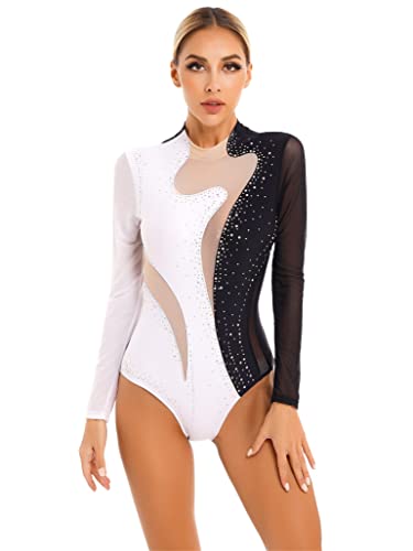 TSSOE Turnanzug Gymnastikanzug Damen Langarm Gymnastikbody mit Strass Ballett Tanz Trikot Fitness Training Tanzkleidung Schwarz&Weiß M von TSSOE