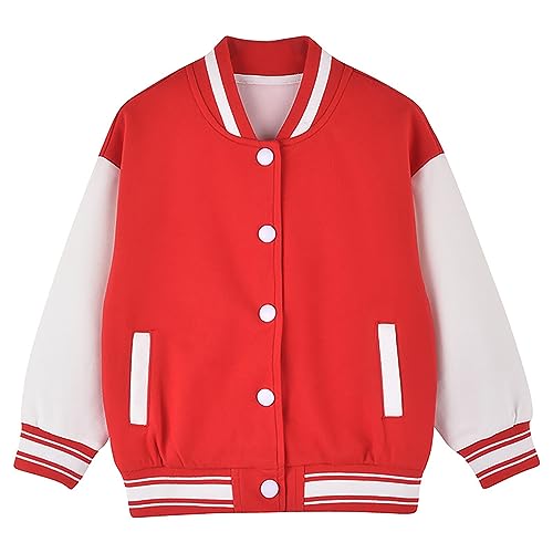 TSSOE Unisex Jungen Mädchen College Jacke Sweatjacke Baseball Jacke Übergangsjacke Sportjacke Sweatshirt Top Frühling Herbst Outwear Rot B 134-140 von TSSOE