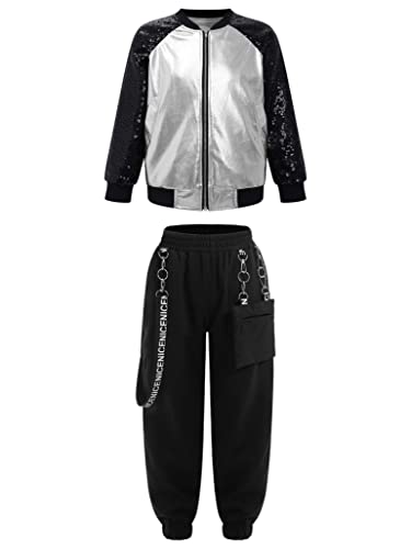 TSSOE Unisex Kinder 80er Jahre Trainingsanzug Retro Kostüm Metallic Jogger Jogginganzug Jacke und Hose Disco Jazz Tanz Outfits Set Silber schwarz 146-152 von TSSOE