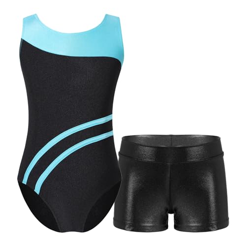 TSSOE Zweiteiliger Mädchen Turnanzug Gymnastikanzug kurzarm Turnbody Tanzbody mit Strass Shorts Tanzshorts Gymnastikbody Ballettkleidung Blau Grün&Schwarz 158-164 von TSSOE