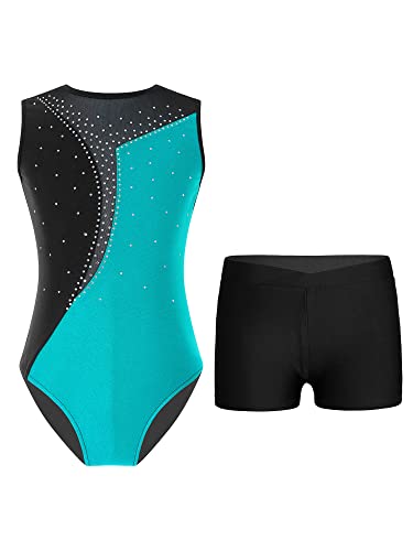 TSSOE Zweiteiliger Mädchen Turnanzug Gymnastikanzug kurzarm Turnbody Tanzbody mit Strass Shorts Tanzshorts Gymnastikbody Ballettkleidung Blau Grün & Schwarz B 122-128 von TSSOE