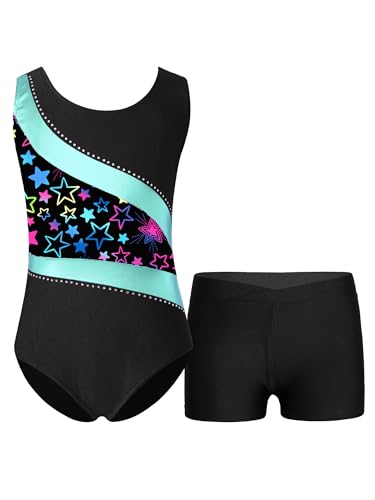 TSSOE Zweiteiliger Mädchen Turnanzug Gymnastikanzug kurzarm Turnbody Tanzbody mit Strass Shorts Tanzshorts Gymnastikbody Ballettkleidung Goldene Sterne 122-128 von TSSOE