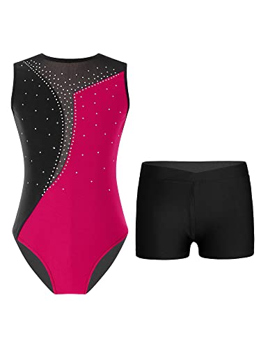 TSSOE Zweiteiliger Mädchen Turnanzug Gymnastikanzug kurzarm Turnbody Tanzbody mit Strass Shorts Tanzshorts Gymnastikbody Ballettkleidung Hot Pink & Schwarz B 122-128 von TSSOE