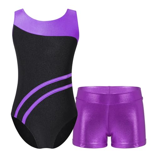 TSSOE Zweiteiliger Mädchen Turnanzug Gymnastikanzug kurzarm Turnbody Tanzbody mit Strass Shorts Tanzshorts Gymnastikbody Ballettkleidung Lila 122-128 von TSSOE