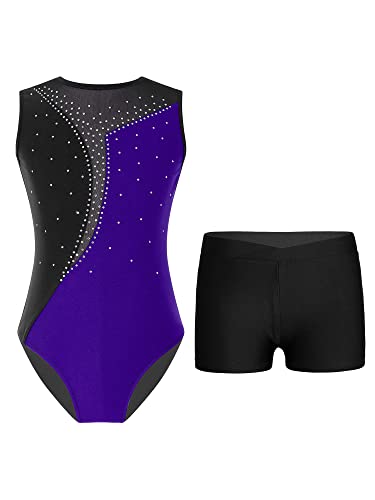 TSSOE Zweiteiliger Mädchen Turnanzug Gymnastikanzug kurzarm Turnbody Tanzbody mit Strass Shorts Tanzshorts Gymnastikbody Ballettkleidung Lila & Schwarz B 146-152 von TSSOE