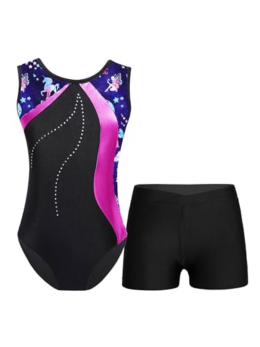 TSSOE Zweiteiliger Mädchen Turnanzug Gymnastikanzug kurzarm Turnbody Tanzbody mit Strass Shorts Tanzshorts Gymnastikbody Ballettkleidung Marineblau und Pink D 122-128 von TSSOE