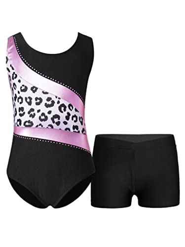 TSSOE Zweiteiliger Mädchen Turnanzug Gymnastikanzug kurzarm Turnbody Tanzbody mit Strass Shorts Tanzshorts Gymnastikbody Ballettkleidung Rosa Leopard 134-140 von TSSOE