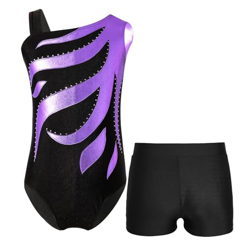 TSSOE Zweiteiliger Mädchen Turnanzug Gymnastikanzug ärmellose Turnbody Tanzbody mit Strass Shorts Tanzshorts Gymnastikbody Ballettkleidung Lavendel & Schwarz G 134-140 von TSSOE