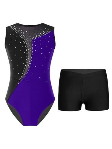 TSSOE Zweiteiliger Mädchen Turnanzug Gymnastikanzug ärmellose Turnbody Tanzbody mit Strass Shorts Tanzshorts Gymnastikbody Ballettkleidung Lila & Schwarz B 146-152 von TSSOE