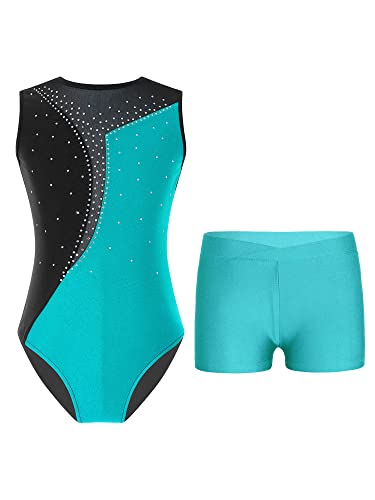 TSSOE Zweiteiliger Mädchen Turnanzug Gymnastikanzug kurzarm Turnbody Tanzbody mit Strass Shorts Tanzshorts Gymnastikbody Ballettkleidung Blau Grün B 134-140 von TSSOE