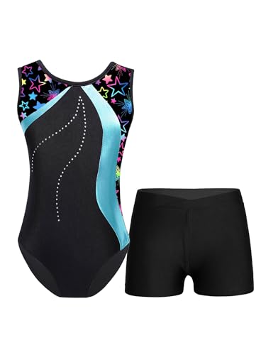 TSSOE Zweiteiliger Mädchen Turnanzug Gymnastikanzug kurzarm Turnbody Tanzbody mit Strass Shorts Tanzshorts Gymnastikbody Ballettkleidung Cyan D 122-128 von TSSOE