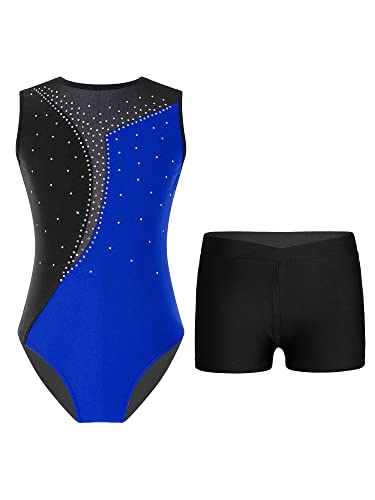 TSSOE Zweiteiliger Mädchen Turnanzug Gymnastikanzug kurzarm Turnbody Tanzbody mit Strass Shorts Tanzshorts Gymnastikbody Ballettkleidung Königsblau & Schwarz B 146-152 von TSSOE