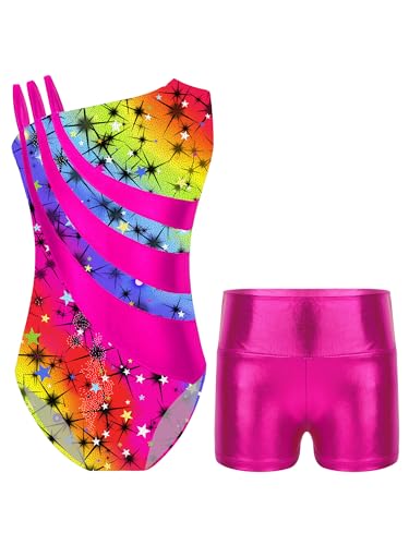 TSSOE Zweiteiliger Mädchen Turnanzug Gymnastikanzug kurzarm Turnbody Tanzbody mit Strass Shorts Tanzshorts Gymnastikbody Ballettkleidung Sternenklarer Regenbogen E 122-128 von TSSOE