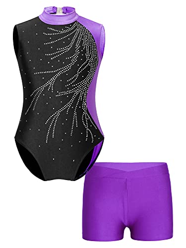 TSSOE Zweiteiliger Mädchen Turnanzug Gymnastikanzug kurzarm Turnbody Tanzbody mit Strass Shorts Tanzshorts Gymnastikbody Ballettkleidung Violett H 134-140 von TSSOE