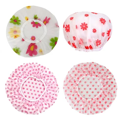 TSUOUKL4 Stück Duschhaube,Wasserdichte Duschhauben Damen, Wiederverwendbare Duschkappe für Mädchen Frauen Kosmetik Zuhause Hotel Reisen von TSUOUKL