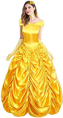 TSUSF Erwachsene Schönheit Und Das Biest Bell Prinzessin Kostüm Frauen Kostüm Party Kostüm COS Belle Prinzessin Foto Karneval Halloween Kostüm Kleid + Handschuhe (Size : S) von TSUSF