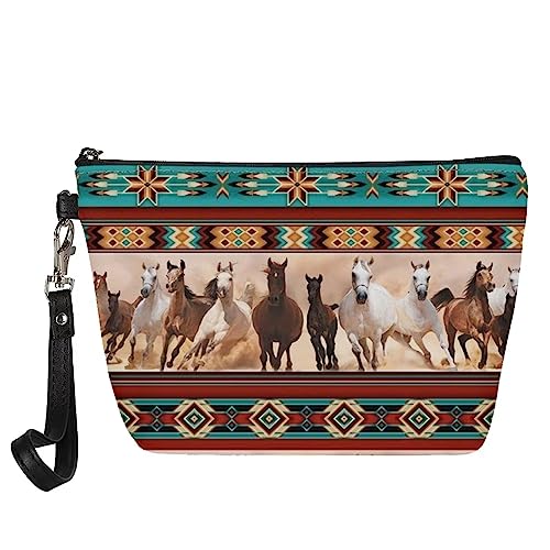 TSVAGA Fashion Printed Travel Business Cosmetic Makeup Bag Pouch Zipper Wristlet Purse Shopping Handbag Clutch for Women Girls Gifts Waterproof PU Leather Washroom Hanging Tote Bag, Aztekische Pferde von TSVAGA