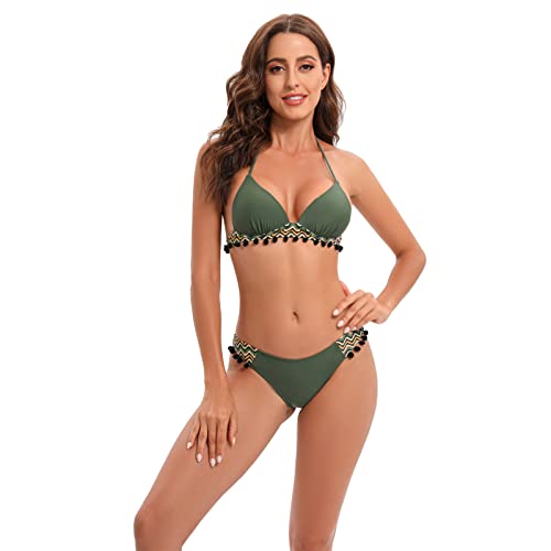 TSWRK Damen Bikini Set, Triangel Bikini Damen Push Up sexy, gestreift Bikini Bandeau mit Nackenträger für Sandbank Schwimmhallen Meer, Grün von TSWRK