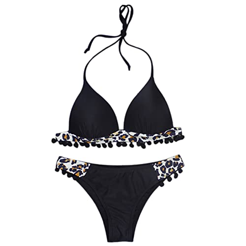 TSWRK Damen Bikini Set, Triangel Bikini Damen Push Up sexy Leopard Print, gestreift Bikini Bandeau mit Nackenträger für Sandbank Schwimmhallen Meer, Schwarz von TSWRK