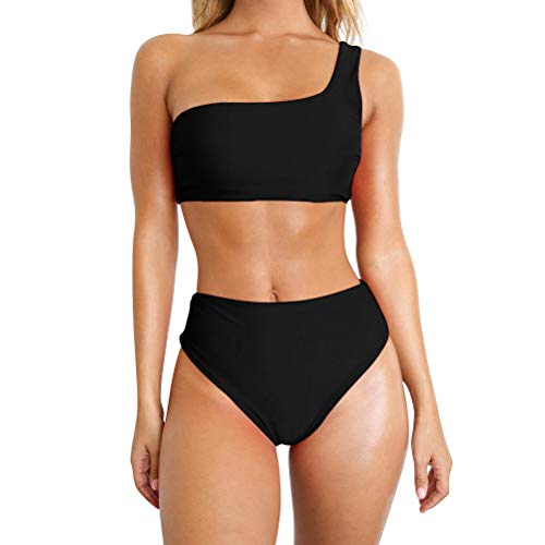 TSWRK Damen Bikini Set Zweiteiliger Badeanzug One Shoulder Badeanzug Süß Bademode Einfarbig Bandeau Bademode Schwimmanzug von TSWRK