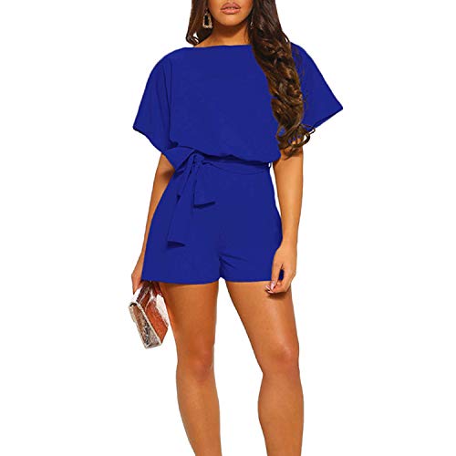 TSWRK Jumpsuit Damen Elegant festlich: Jumpsuit Damen Sommer Overall Damen festlich Kurzarm Kurz Playsuit Romper mit Gürtel Hosenanzug Damen Blau L von TSWRK