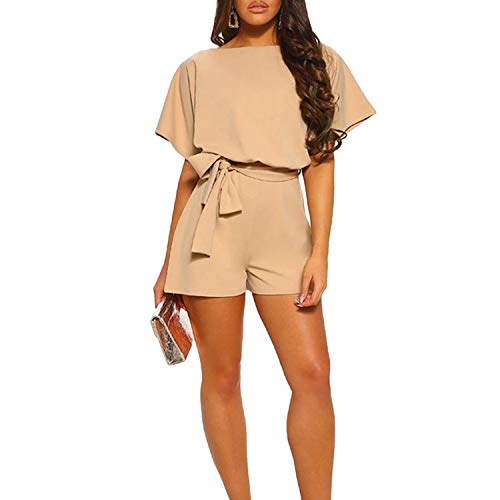 TSWRK Jumpsuit Damen Elegant festlich: Jumpsuit Damen Sommer Overall Damen festlich Kurzarm Kurz Playsuit Romper mit Gürtel Hosenanzug Damen Khaki M von TSWRK