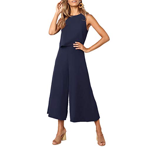 TSWRK Damen Jumpsuit Elegant Overall O-Hals Lang Weites Bein Romper Ärmellos Playsuit von TSWRK