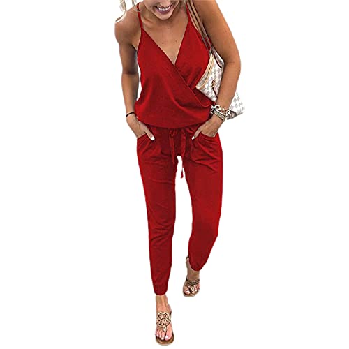 TSWRK Damen Jumpsuit Lang V-Ausschnitt Overall Sommer Ärmellos Hosenanzug Träger Playsuit Elegant Romper von TSWRK