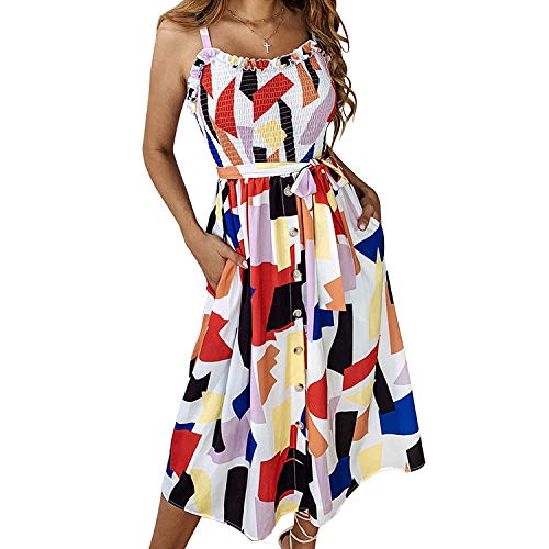 TSWRK Damen Kleider Boho Sommerkleider Geometrisch Muster Knielang Partykleid Ärmellos Strandkleid mit Tasche von TSWRK