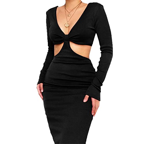 TSWRK Damen Minikleid Tief V-Ausschnitt Sommerkleid Rückenfrei Lange Ärmel Partykleid von TSWRK