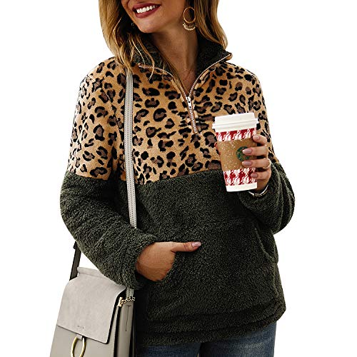 TSWRK Damen Pullover Langarm Sweaters Leopard Print 1/4 Reißverschluss Patchwork Sweatshirt Revers Outwear Plüschjacke von TSWRK